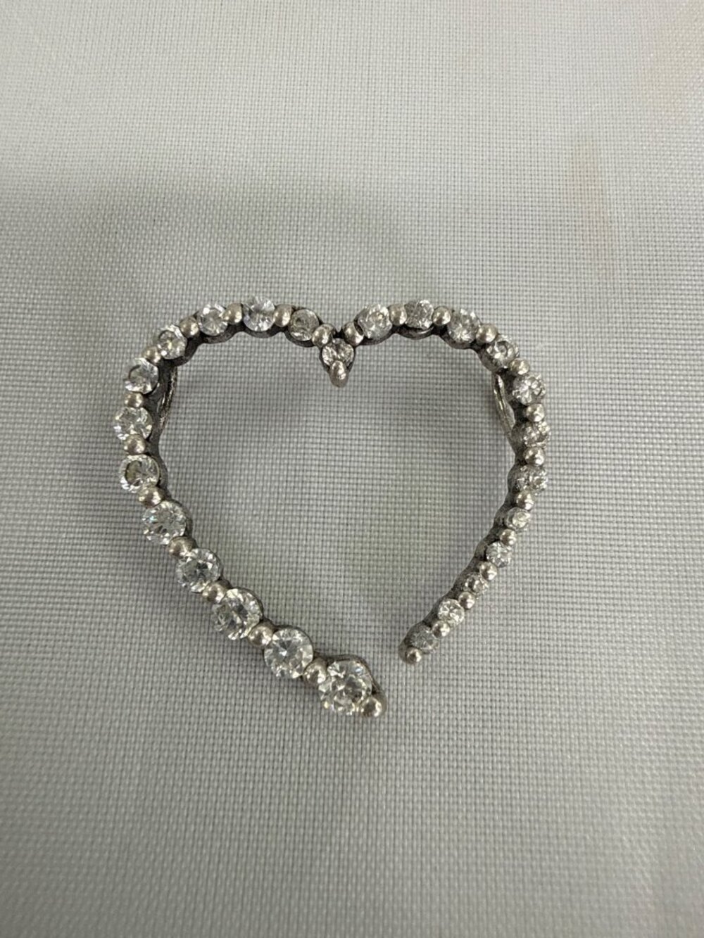 Vintage Unsigned Rhinestone Open Heart Pendant Silver Tone Mid Century